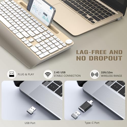 JOYACCESS Ergonomic Wireless Keyboard with Palm Rest & Tilt Angle, 2.4G Full-Size, Comfortable Typing, USB-C Adapter & Phone Holder for Mac/Windows -Gold White - Image 2
