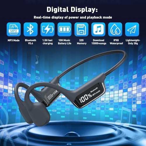 Swimming Headphones,IPX8 Underwater Swimming Headphone with LED Display,Bone Conduction Swim Headphone Built-in 32G Memory MP3 Player,Open Ear Earphones for Running Cycling - Image 3