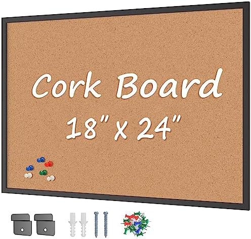 Cork Board Bulletin Board 24“ x 18”, Black Wood Framed Corkboard, Office Board for Wall Cork, Large Wall Mounted Notice Pin Board with 16 Push Pins for School, Home & Office by Justdowhatyouwanttodo
