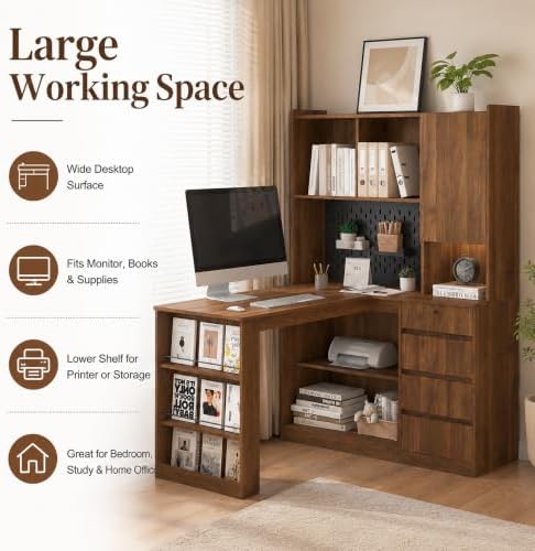 51.6" Corner Computer Desk with Drawers for Home Office, Walnut - Image 3