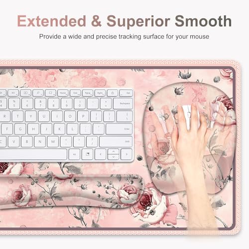 4 in 1 Large Mouse Pad, Keyboard Wrist Rest Set, Ergonomic Mouse Pad with Wrist Support, Desk Mat with Stitched Edges Extended Desk Pad Waterproof Desk Mat for Home Office Game I Pink Rose Flowers - Image 2