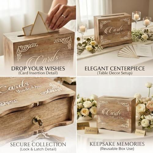 Wooden wedding Card Box with Lock - Elegant Graduation Decorations & Greeting Card Organizer, Secure Keepsake Storage for Cards, Invitations & More, Stylish & Functional Design - Image 2