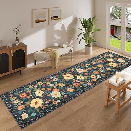 DUKINO 2.6x12 Kitchen Runner Rug, Floral Non Slip Washable Rug, Navy Blue - Image 6