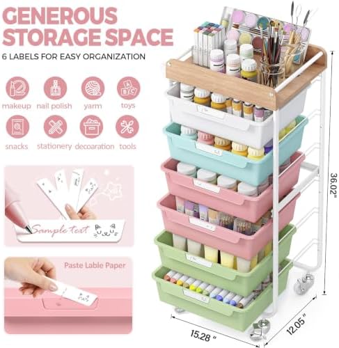 SYKIARIOL 6 Drawer Rolling Cart for Craft Storage,Utility Cart,Colourful - Image 3