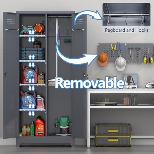 72.8" H Metal Garage Storage Cabinets, Metal Storage Cabinet with Hanging Rod & S-Hooks, Broom Closet Storage with Shelves, Functional Storage Cabinets for Garage, Warehouse, Grey - Image 5