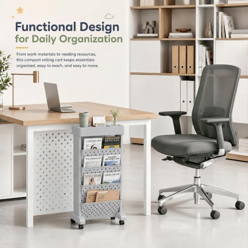 5-Tier Rolling Bookshelf Cart with Wheels, Gray - Image 5