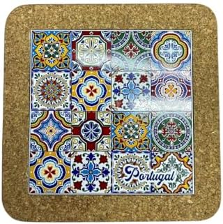 Portugal Azulejo Tiles, Ethnic Portugese Ceramic Tiles - Cork Trivets - Home & Wall Decorations (7.8 Inch - 20cm) (Portugal in 16 Multicolor Tiles) by GOLDTON