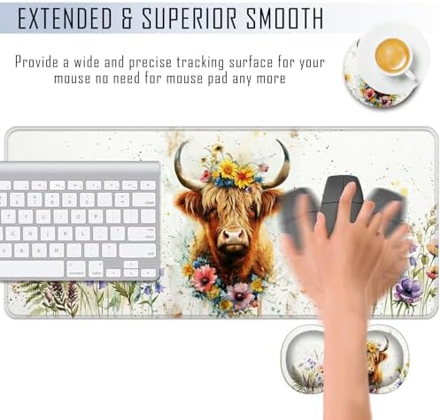 TGFEWYTJYJ Extended Gaming Mouse Pad,Memory Foam Ergonomic Keyboard Mouse Wrist Rest Support Set,Large Desk Mat with Stitched Edges,Non-Slip Base Mousepad Home Office,Cute Highland Cow - Image 4