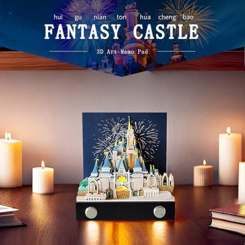 3D Memo Pad Art Sticky Notes, Fantasy Castle 3D Notepad with Light Paper Sculpture Art Multicolor Paper Note with Silhouette DIY Desk Decoration - Image 2