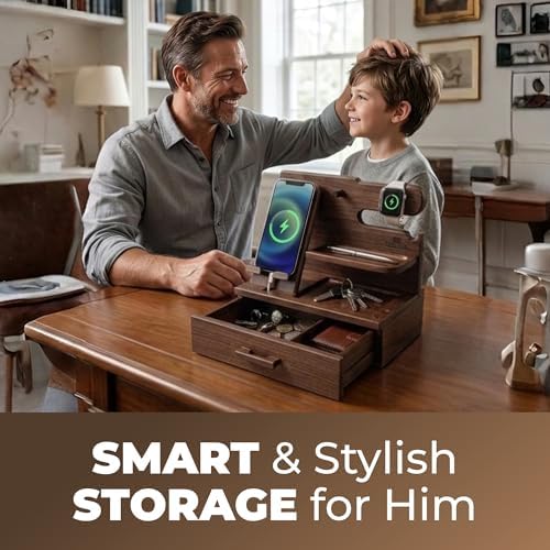 TESLYAR Wood Phone Docking Station with Drawer - Nightstand Organizer - Desk Organizer for Husband - Birthday Gifts for Men, Dad, Anniversary Idea, Key Holder Stand Watch & Accessories (Bourbon Brown) - Image 4