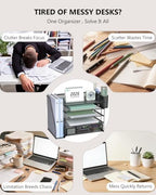 WALI Desk File Organizer, 5 Tier Desktop Paper Letter Tray Organizer with Drawer and 2 Pen Holders, Office Desk Accessories & Workspace Organizers for Office, Home Supplies(DO006DH-B), 1 Pack, Black - Image 3