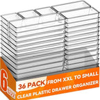 Criusia 36 Pack Large Clear Plastic Drawer Organizer Bins - 6 Size Acrylic Kitchen Drawer Organization and Storage for Utensils Gadgets, Office Bathroom and Vanity Organizer for Makeup Accessoires by Criusia