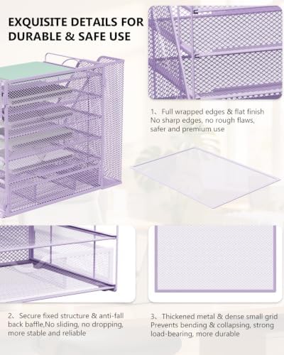 WALI Desk File Organizer, 6 Tier Desktop Paper Letter Tray Organizer with Drawer and 2 Pen Holders, Office Desk Accessories & Workspace Organizers for Office, Home Supplies(DO007DH-V), 1 Pack, Purple - Image 5