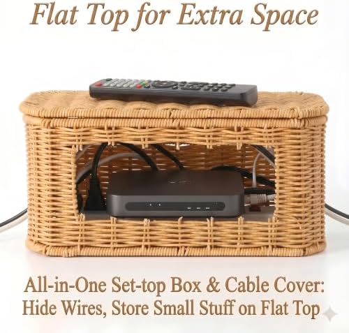 Large Cable Management Box with Lid, Wicker Basket Hides Power Strips, TV Boxes & Routers - Image 6