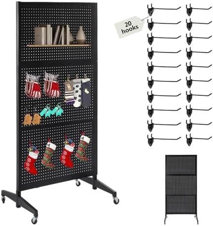NectaCol 3'x 6' Pegboard Display Stand with T-Base, Metal Peg Board Display Stand with Wheel, Standing Pegboard Display with 20 Pieces Hooks, Black by NectaCol