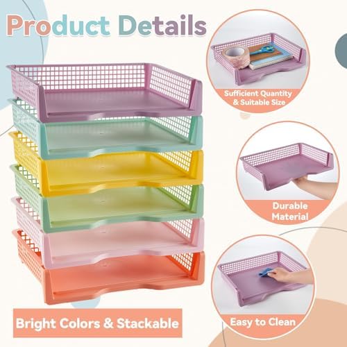 gisgfim 6 Pcs Turn in Trays Classroom Pastel Paper Tray for Classroom Organization and Storage Stackable Plastic Book Baskets Turn in Bins Teacher Organizers for Library Drawers School Office Desk - Image 3