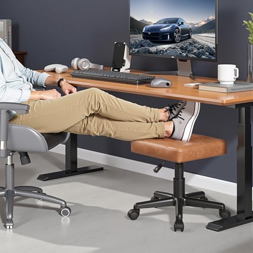 VECELO Under Desk Footrest, PU Ergonomic Foot Rest with Wheels, Comfort Padding, Height Adjustable for Relieving Leg Pain, Stiffness, and etc, Brown - Image 3
