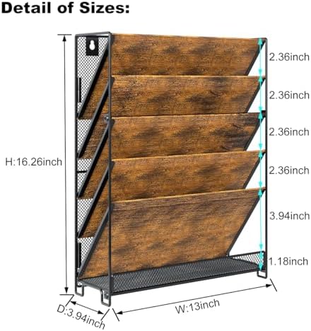 PAG-Mass Wall File Organizer for Office, 6-Tier Rustic Hanging File Holder Wall Storage Rack for Documents/Magazine/Literature/File Folders/Mails/Envelopes, Brown - Image 2