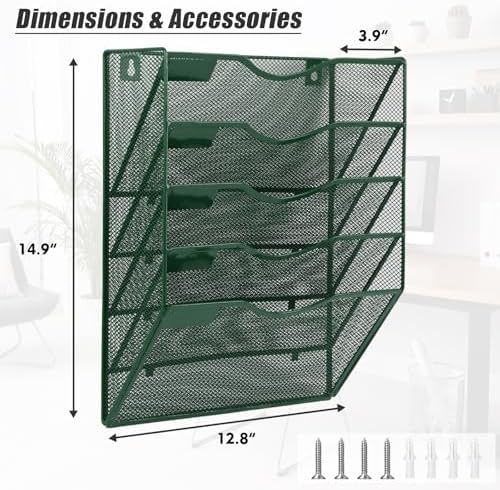 EASEPRES 5 Pocket Mesh Hanging File Organizer, Wall Mounted Mail Paper Document Folder Holder, Clipboard Storage Organization Magazine Rack with Nametag Label for Office Home School, Dark Green - Image 2