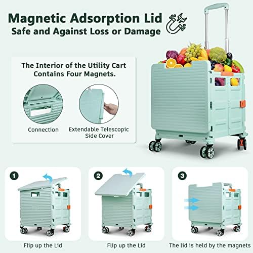 Foldable Utility Cart Collapsible Portable Crate Rolling Carts with Wheels Tote Basket with Magnetic Lid Telescopic Cover Wear-Resistant 360°Rotate Wheel Noiseless for Shopping Storage Office Use - Image 2
