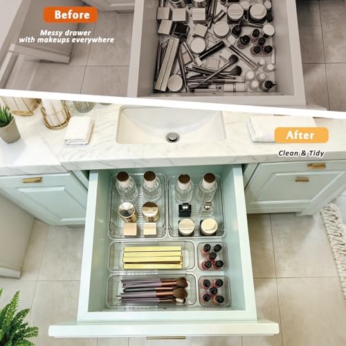 14 PCS Clear Expandable Drawer Organizer Trays for Bathroom & Vanity Drawer - Image 4