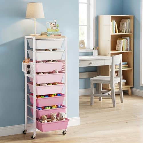 Rolling Cart with Drawers, Rolling Storage Cart with Large Plastic Drawers & Wooden Tabletop, Utility Cart with Pegboards & Basket, Storage Drawers Cart for Living Room, Classroom, Bedroom, Office by Unknown