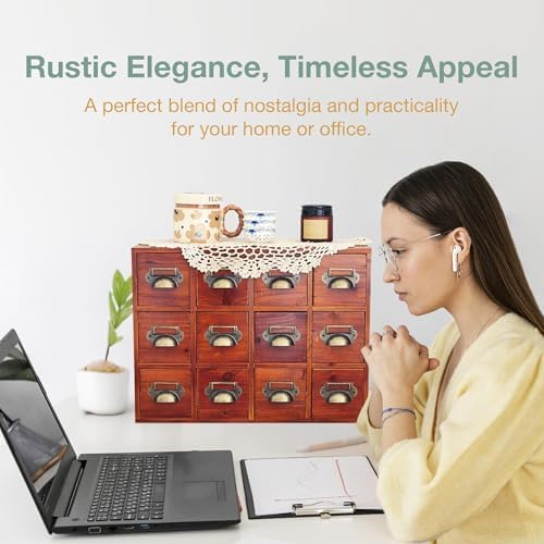 12-Drawer Apothecary Cabinet - Index Card Organizer - Mahogany Wooden Card Catalog - Fits Standard US 3x5in Index Cards - Vintage Desktop Drawer Organizer for Tea, Herbs, and Office Supplies - Image 5