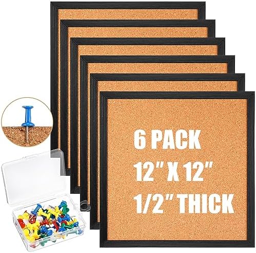 Thyle 6 Pcs Small Cork Bulletin Board 12 x 12, Framed Corkboard 1/2 Thick Vision Board Small Square Pin CorkBoard Decor Display Organizer for Wall Home Office School by Thyle