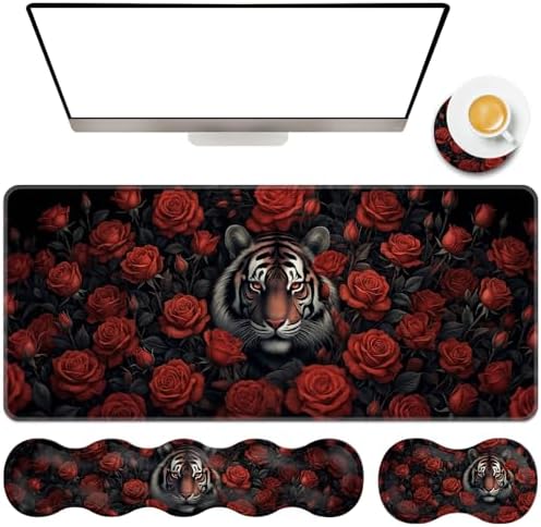 TGFEWYTJYJ Extended Gaming Mouse Pad,Memory Foam Ergonomic Keyboard Mouse Wrist Rest Support Set,Large Desk Mat with Stitched Edges,Non-Slip Base Mousepad Home Office,Tiger Rose Flowers by GFEWYTJYJ