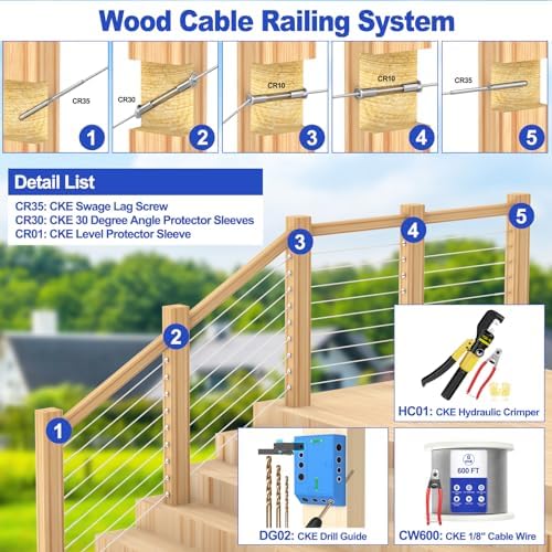 CKE T316 Stainless Steel Protector Sleeve for Cable Railing System, 100 Pack for 1/8" Wire Rope Cable Railing Kit, Protective Sleeve for Wood Posts with Drill Bit, CR01 - Image 6