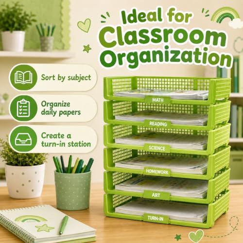 6 Pcs Green Turn in Trays Classroom, Stackable Paper Bins for Classroom, 13x9x2.8 inch Plastic Baskets Desktop Organization System Office (Green) - Image 7