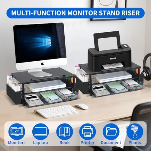AUPSEN Wood Computer Monitor Stand Riser, 2-Tier Black Desk Organizer with Drawer, Pen Storage & Phone Holder ，Office Desk Accessories Desktop Organizer for Office Supplies (Black) - Image 4