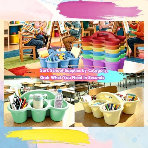 6 Pack Classroom Caddy Organizer with Handle Multicolor Plastic Table Caddy 6 Compartments Storage Cup Holder for School Supplies Art Crafts Crayons Pencils Stackable Desk Caddy for Office - Image 6