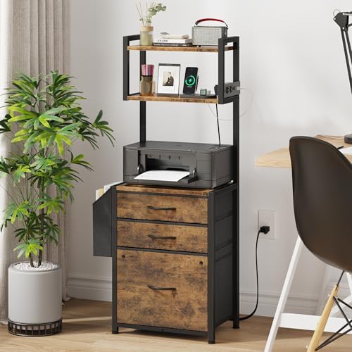 HIGDBFE 3 Drawer File Cabinet with Charging Station, 45''H, 3-Tier Small Filing Cabinet for Home Office, 11''*16'' for Small Printer, Fabric Drawer Fits Letter/A4, Tall Printer Stand, Rustic Brown - Image 2