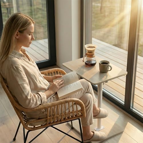 YUHFERA Sofa Armrest Tray Table for Couch - 360 Swivel Height Adjustable End Table for Small Spaces, Snack Side Table for Bed or Chair with Phone & Tablet Slot (Oak, Enlarged) - Image 4
