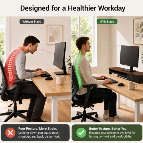Dual Monitor Stand, 42.5 Inch Wood Monitor Riser with Drawers, 2 Tier Desktop Organizer for Computer Laptop TV, Large Screen Stand for Home Office Desk - Image 4