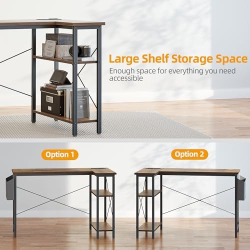 TIQLAB L Shaped Computer Desk with Power Outlets, 47 Inch Small Corner Desk with Reversible Shelves, Gaming Desk Computer Table Study Writing Desk for Home Office Small Space, Rustic Brown - Image 4