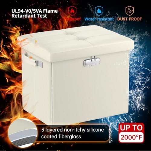 DocSafe Storage Ottoman with Lock,Fireproof＆Waterproof 17 Inches Folding Storage Box with Handles Safe for Important Documents,Leather Storage Ottoman Storage Chest for Living Room,Bedroom,Beige - Image 6