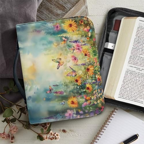 Boho Butterfly Floral Pattern Bible Cover for Women Men, Bible Case Bag with Top Handle PU Leather Bible Carrying Case for Church - Image 6
