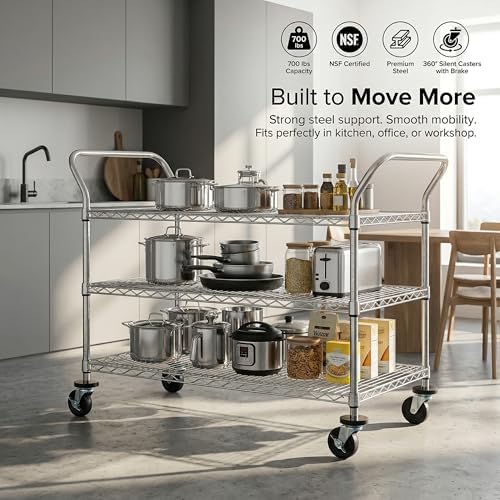 Finnhomy 3-Tier Commercial Grade Rolling Cart, Heavy Duty Utility Carts with Wheels and Handles, Kitchen Trolly on Wheels, Metal Serving Shelves with 700 lbs Capacity, Shelf Size 24" D x 48" W, NSF - Image 3