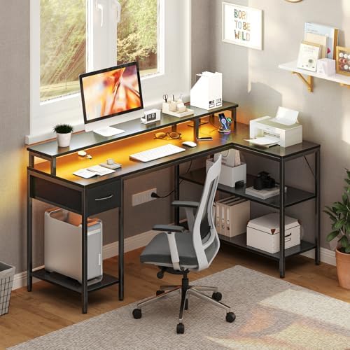 OLIXIS 53 Inch L Shaped Gaming Desk with LED Lights, Storage Shelves - Image 3