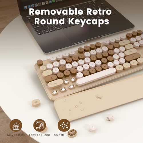 Wireless Keyboard, Round Keycaps, Retro Typewriter Keyboard with Magnetic Wrist Rest, Sleep Mode, Foldable Legs, 2.4GHz Full-Size Cordless Computer Keyboard for Windows PC, Laptop (Beige & Brown) - Image 3