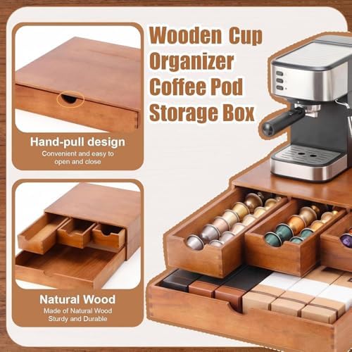 Wooden Pod Holder Drawer Coffee Tea Box, Quadruple, Wood color - Image 4