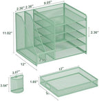 Marbrasse Desk Organizer with File Holder, 5-Tier Paper Letter Tray Organizer with Drawer and 2 Pen Holder, Mesh Desktop Organizer and Storage with Magazine Holder for Office Supplies (Green) - Image 6