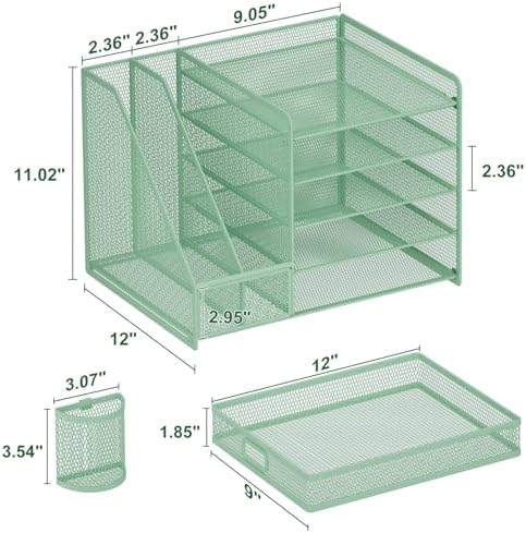 Marbrasse Desk Organizer with File Holder, 5-Tier Paper Letter Tray Organizer with Drawer and 2 Pen Holder, Mesh Desktop Organizer and Storage with Magazine Holder for Office Supplies (Green) - Image 6