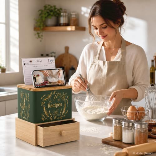 Orionstar Recipe Box Set with Wooden Drawer, Phone Stand, Vintage Green - Image 2