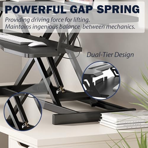 32 Inch Adjustable Standing Desk, Dual Monitor Sit Stand Desk with Wide Keyboard Tray for Table Home Office (Black) - Image 5