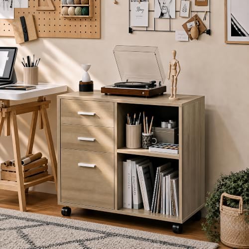 DEVAISE 3 Drawer Wood File Cabinet, Rolling Filing Cabinet with Open Storage Shelf, Printer Stand for Home Office Storage and Organization, Fits Letter/A4 Files (Gray Oak, Wood) - Image 2
