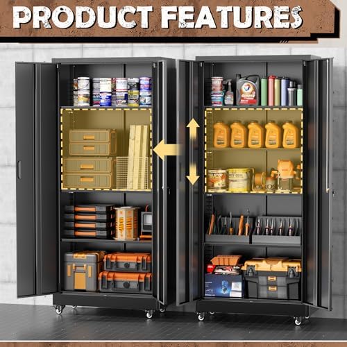 INTERGREAT73 Garage Storage Cabinet with Wheels, Rolling Metal Storage Cabinet with Locking Doors and 4 Adjustable Shelves,- 73" Steel Tool Cabinet for Home Office,Garage,Warehouse，Black - Image 5