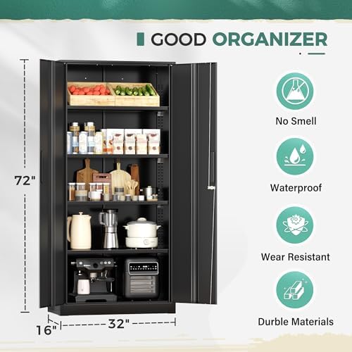 Greenvelly Storage Cabinet, 72” Black Garage Steel Locking Cabinet with Doors and 4 Adjustable Shelves, Tall Lockable File &Tool Cabinet for Home Office, Metal Classroom Cabinet Basement - Image 3